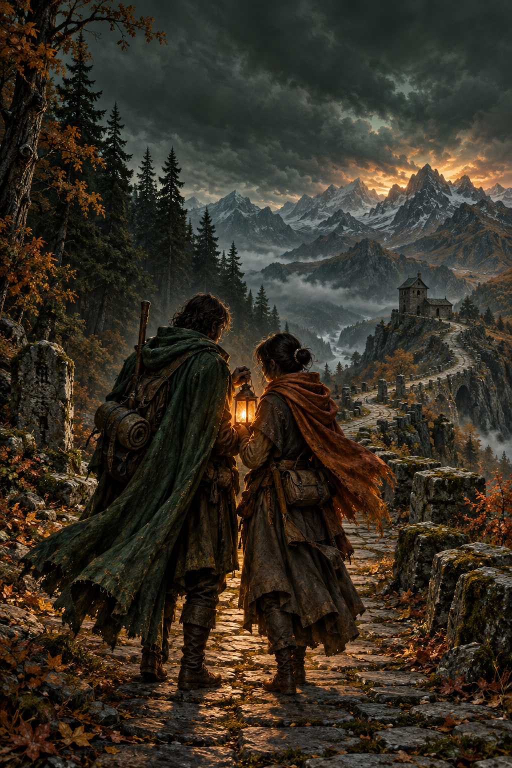 Two travelers share a glowing lantern on an autumn road to a mountain watchhouse