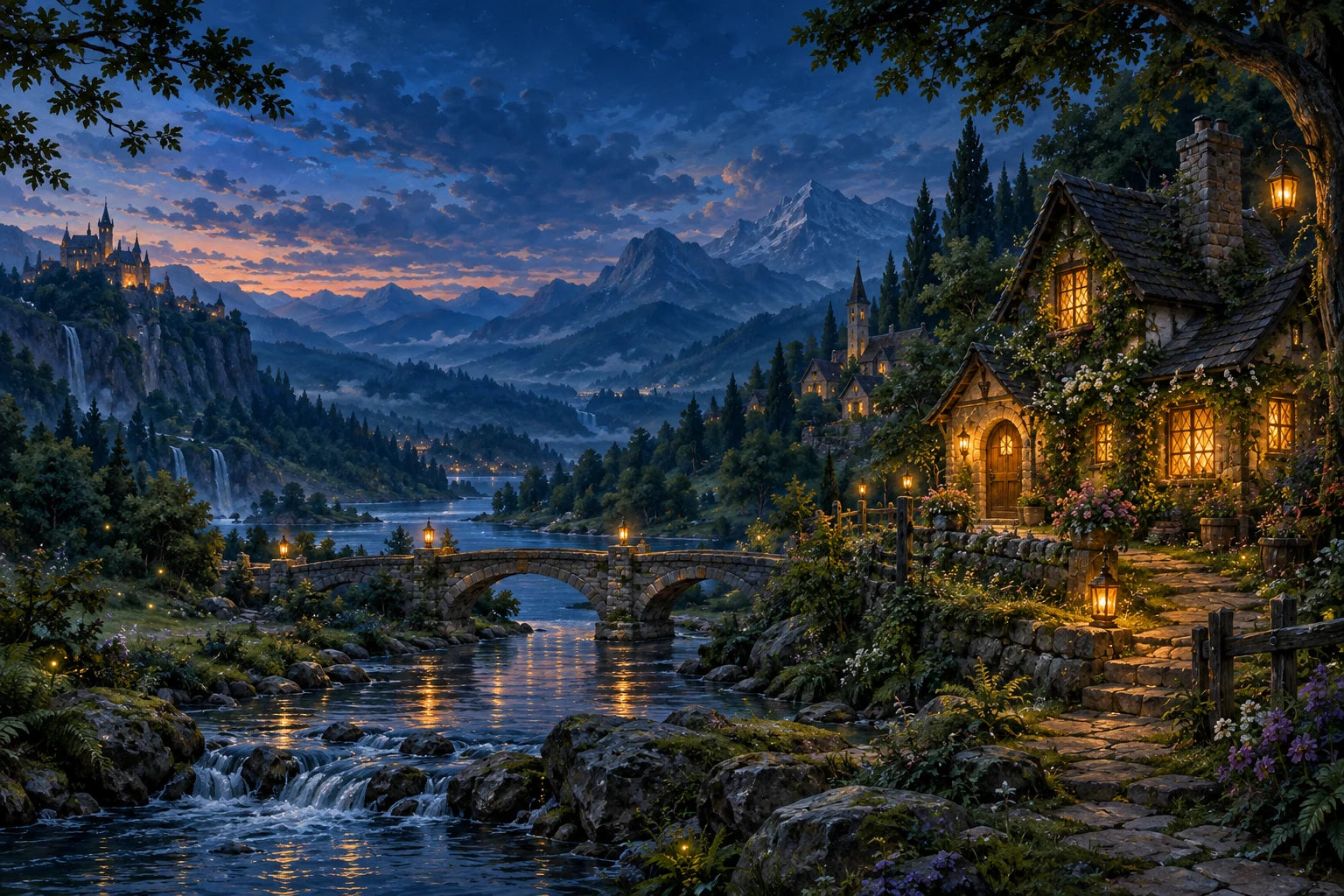 A glowing cottage beyond a stone bridge at twilight